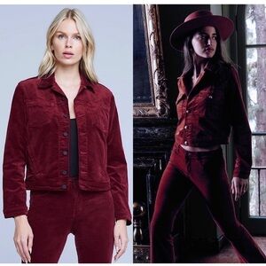 NWT L’AGENCE Burgundy Velvet‎ Stretch Denim Cropped Slim Trucker Jean Jacket S
